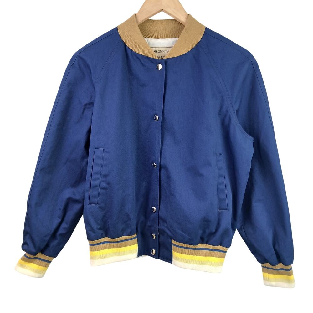 Maison Kitsuné Boys SZ M Varsity Jacket Navy Yellow Trim Snap Front Lined EUC